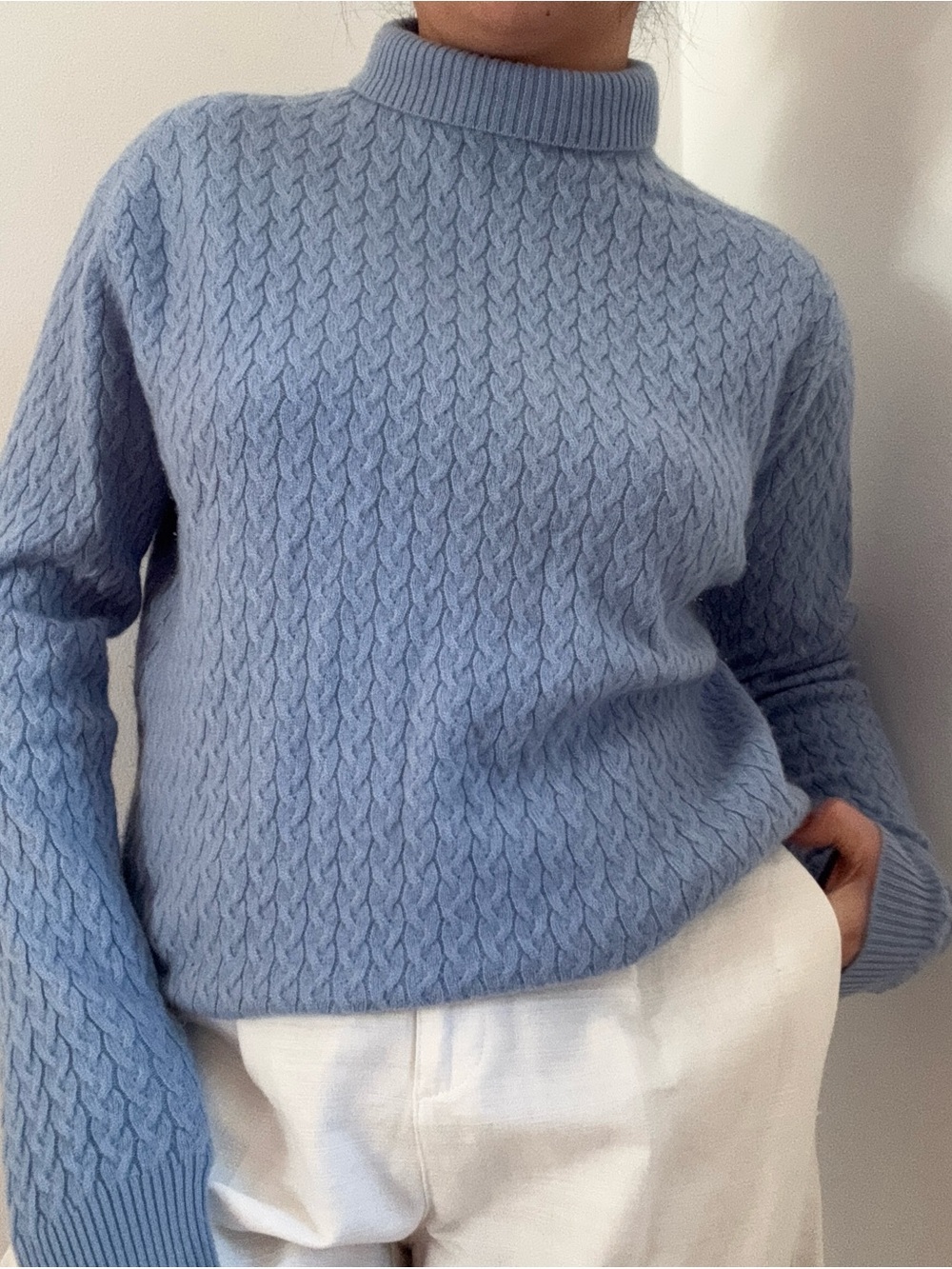 Kirkland Signature Light Blue cashmere Cable Knit Turtleneck Sleeveless Mock